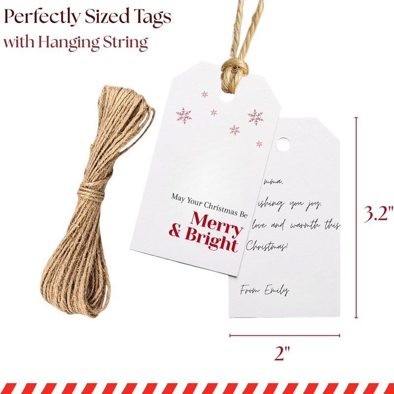Paper Play Christmas Gift Tags - 80 Modern Text Holiday Tags with String, 8 Minimal Typography Designs - 350gsm Christmas Name Tags for Presents - Image 3